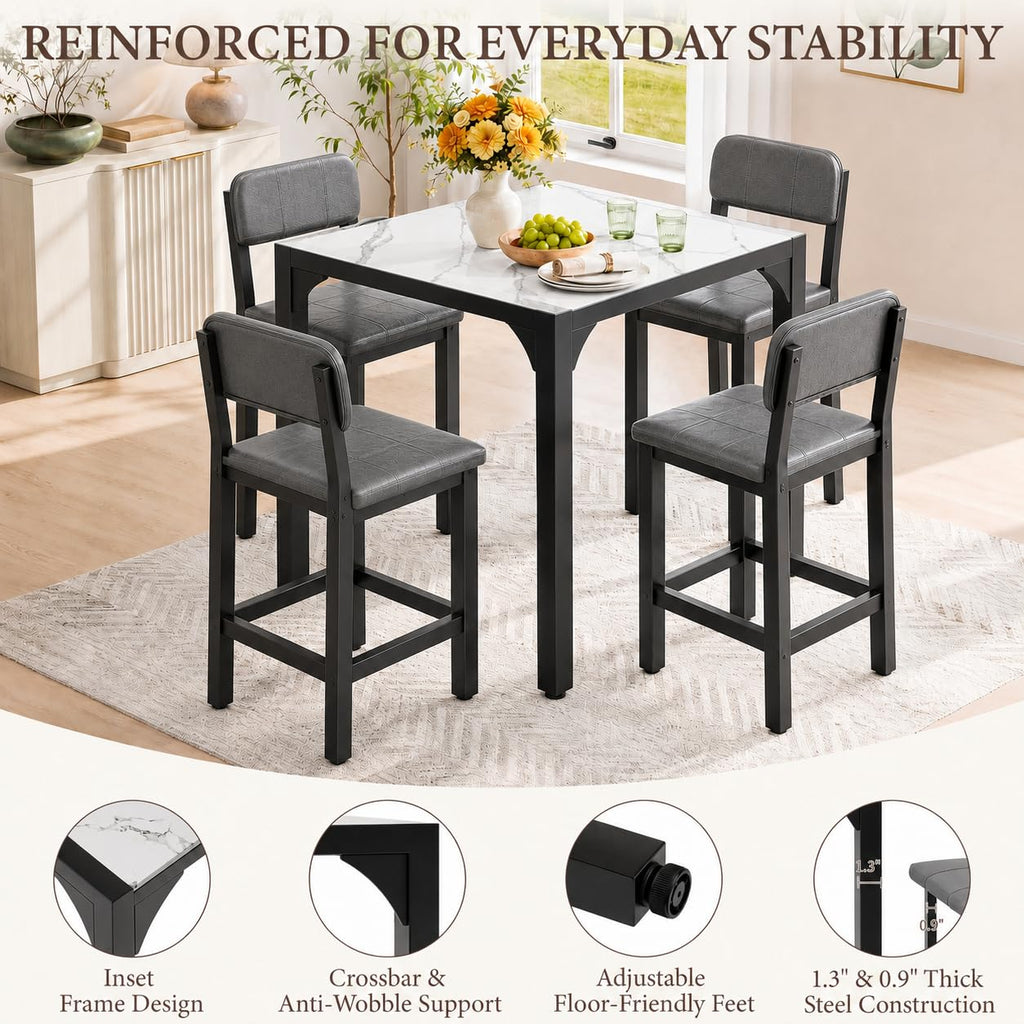 5-Piece Counter Height Dining Table Set for 4, Marble-Look, Grey