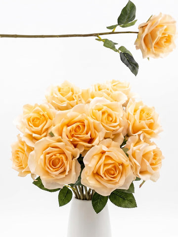 10 Pcs Real Touch Artificial Roses Flowers, 3.9" Large Bloom Fake Champagne Rose with stem for Wedding Bouquet