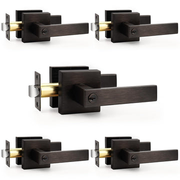5 Pack Keyed Entry Lever Locks for Exterior Door & Front Door, Heavy Duty Entrance Door Handles, Oil Rubbed Bronze