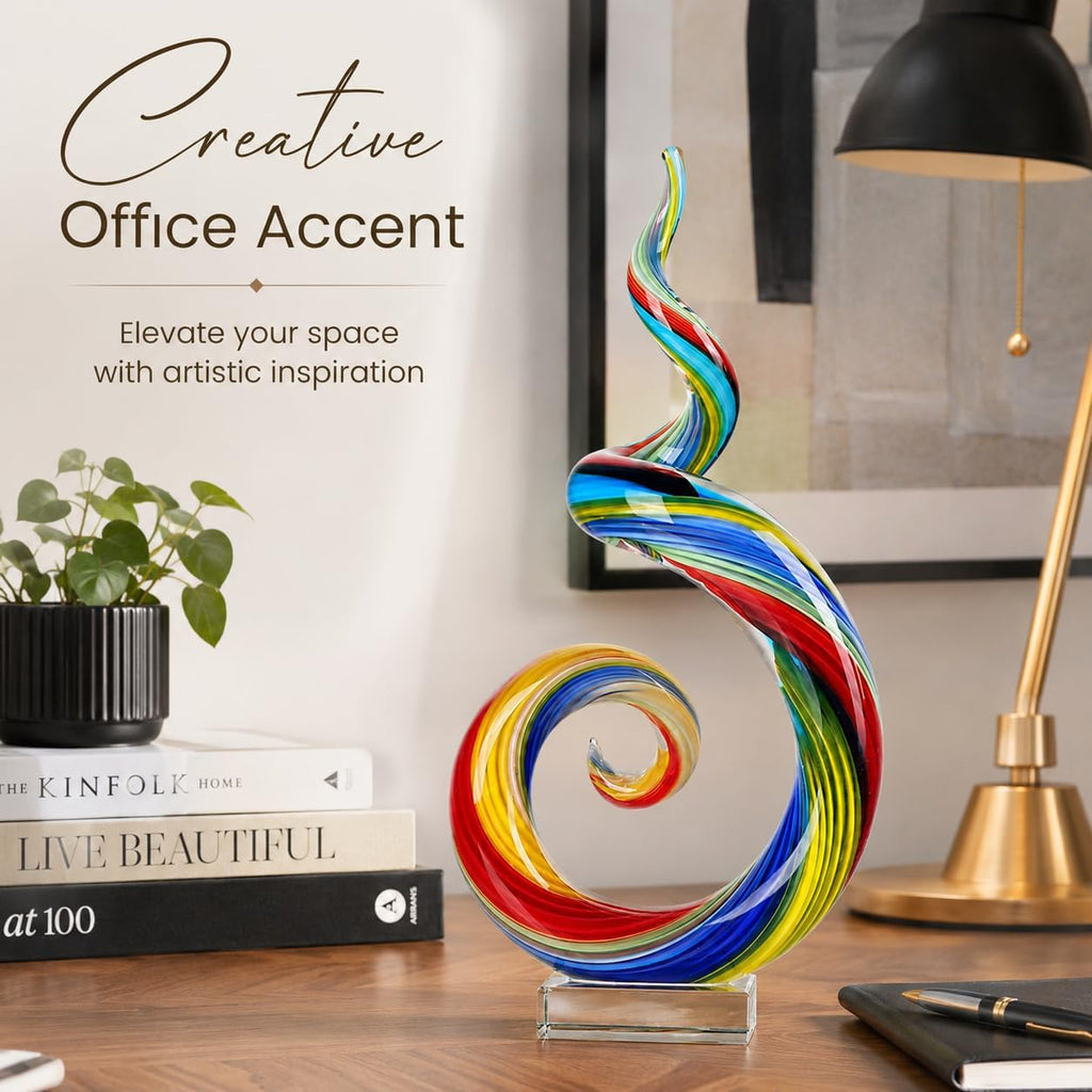 13.7" Colour Hand-Blown Art Glass Sculpture,Abstract Rainbow Swirl Style Sea Glass Statue and Figurine,Coastal Ocean