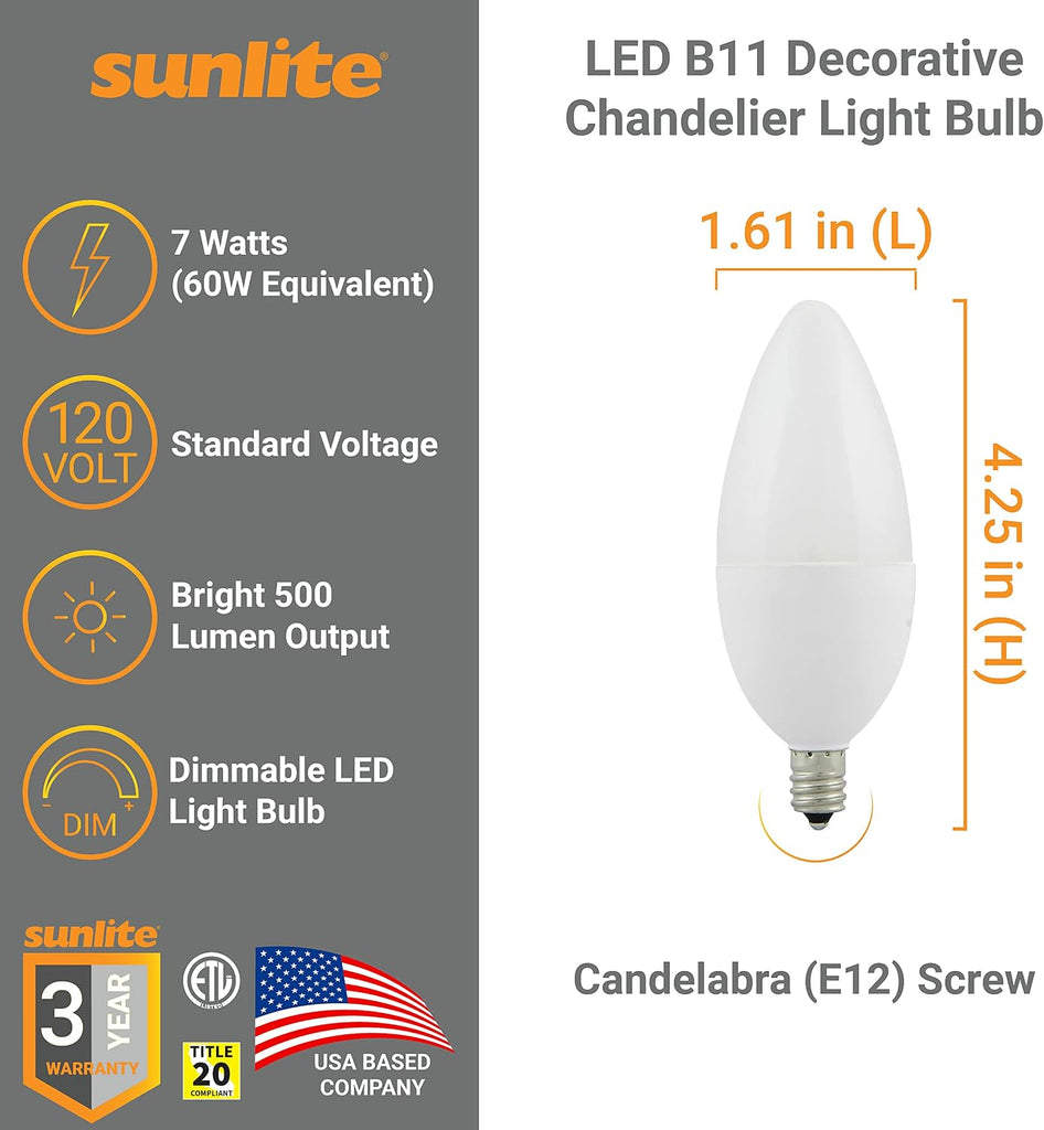 LED B11 Decorative Chandelier Light Bulb, 7 Watts (60W=), 500 Lumens, 120 Volts, Dimmable, E12 Base, 90 CRI, ETL