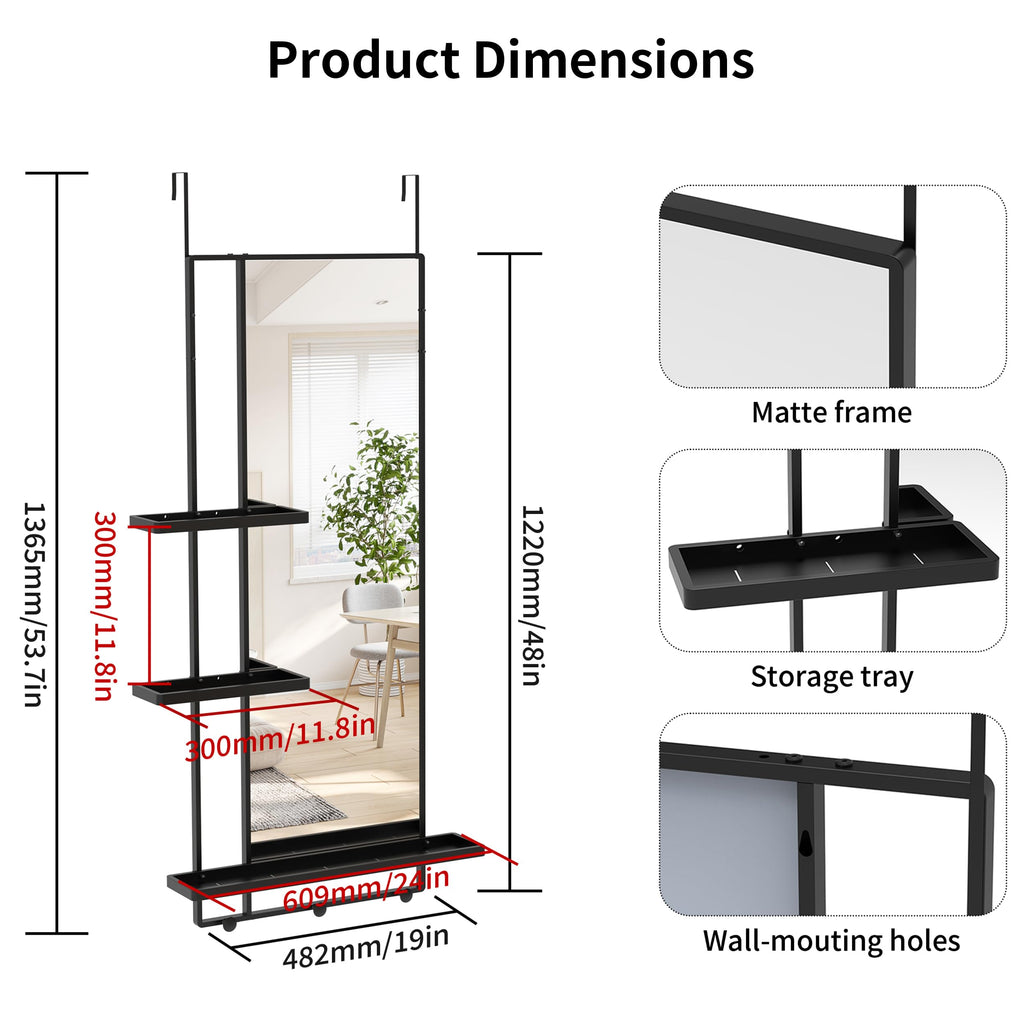Over The Door Full Length Mirror with 3 Detachable Trays & 2 Hooks