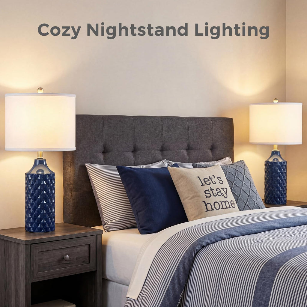 Modern Ceramic Table Lamp, Set of 2 - Navy Blue with Diamond Protrusions Texture, 25'' Nightstand Lamp Living Room