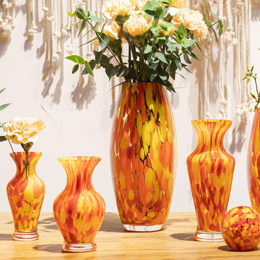 Murano Style Art Glass Vase Hand Blown Orange Confetti Effect Home Decor | Hand Blown Glass Vase, Decorative Table