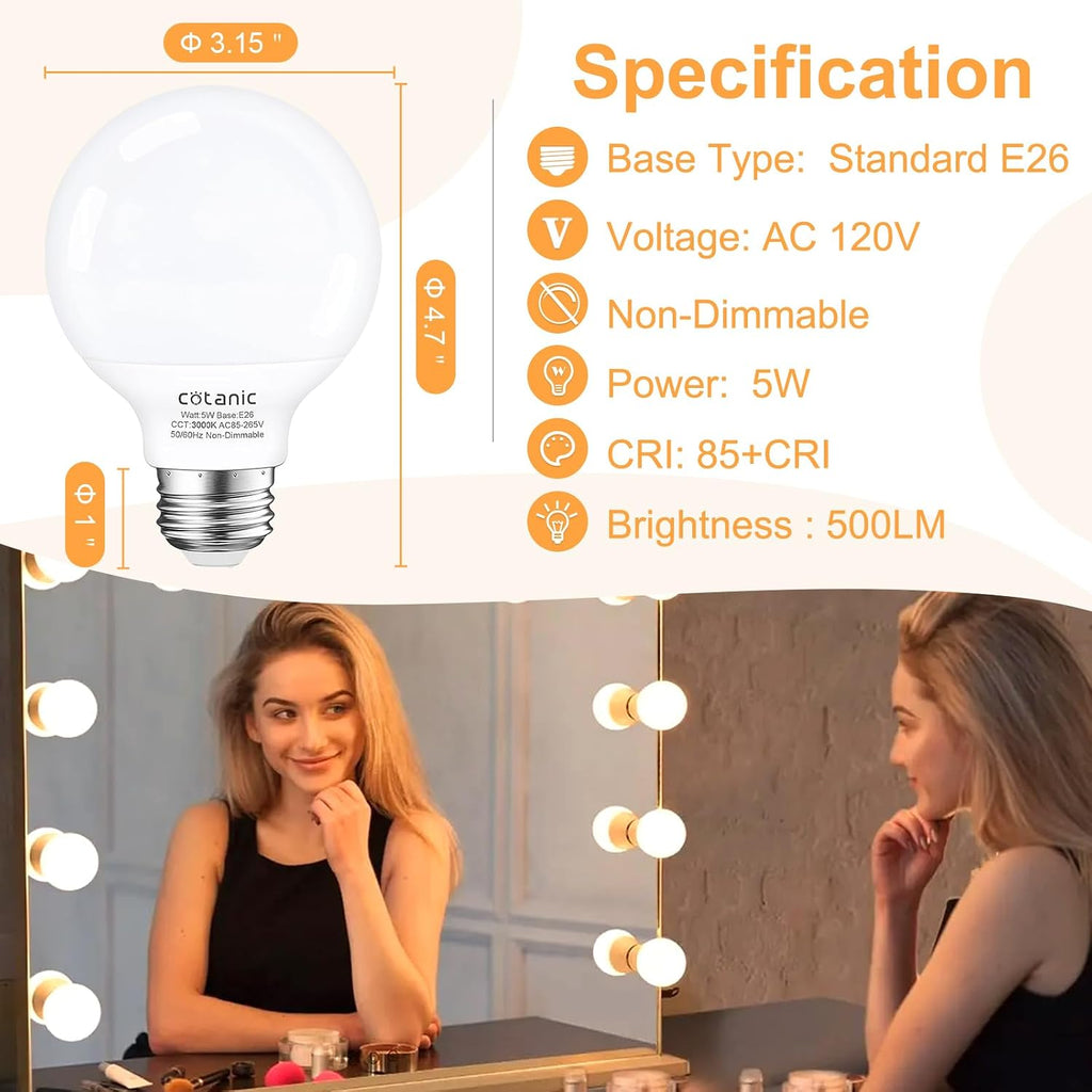 G25 LED Bathroom Vanity Light Bulb 3000K Soft White E26 Base 60W