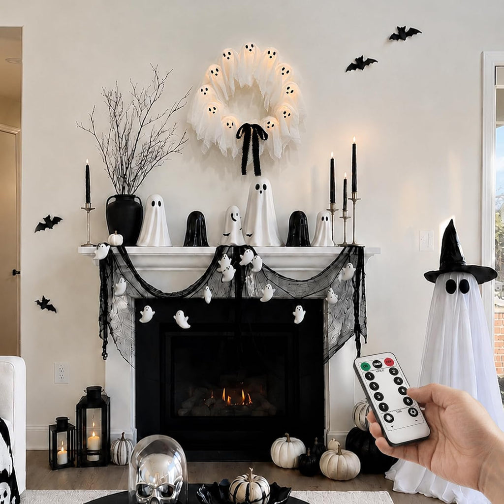 Halloween Decorations Outdoor - 22" Cute Lit Ghost Wreath