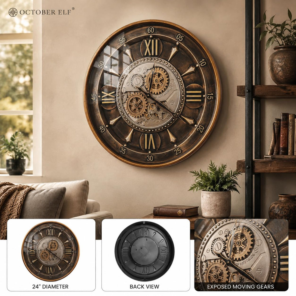 24 Inch Wall Clock, Brown with Roman Numerals
