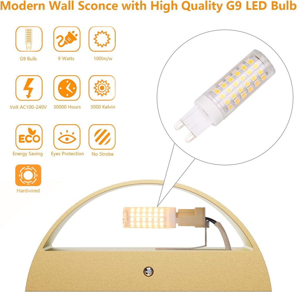 Gold Wall Sconce Indoor Wall Lights Hardwired Set of 2 Up and Down Wall Mount Light for Living Room Bedroom Hallway