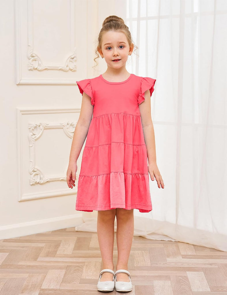 Girl's Dresses Cotton Ruffle Sleeve Tiered Swing A-Line Cute Midi Casual Sundress