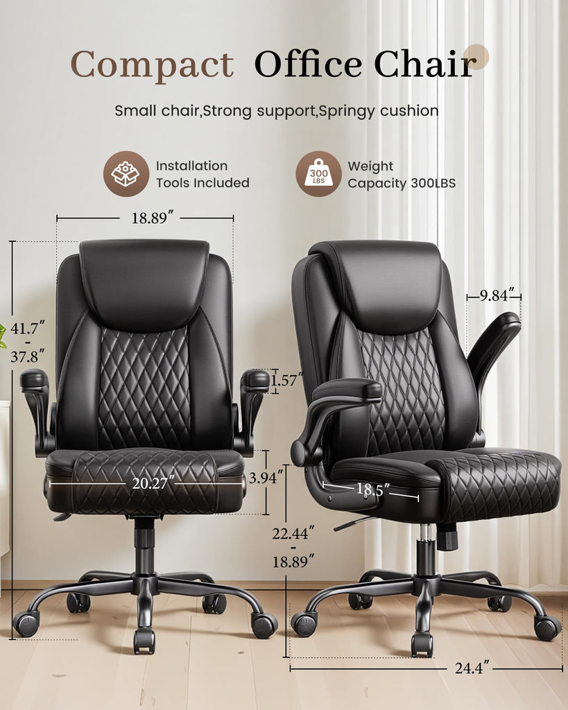 Mid-Back Office Chair, Ergonomic PU Desk Chair with Flip up Arms, Small Computer Gaming with Comfy Lumbar