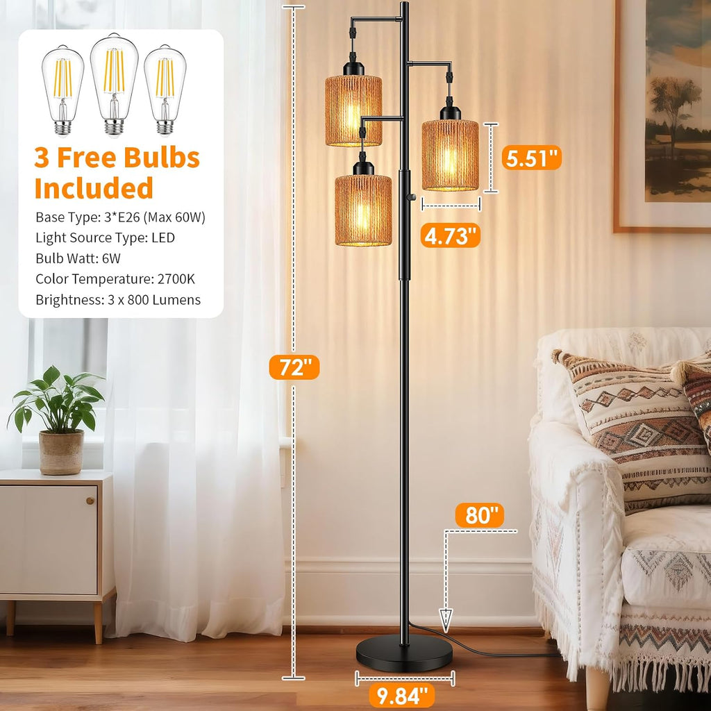 72" Boho Rattan Tree Floor Lamp, Tall Dimmable Industrial Standing Lamp, Corner Decor Accent Lighting, Cafe (3 x
