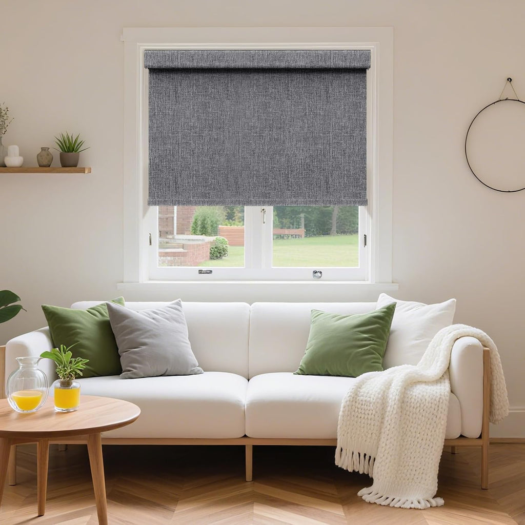 No Drill Blackout Roller Shades | Hemp-Dark Gray | Textured Fabric Blocks Sunlight & Protects Interiors with UV