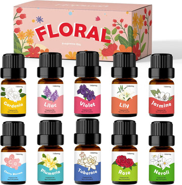 Floral Essential Oils, Premium Fragrance Oil for Candle Making, 5mlx10, Soap Making Scents - Rose, Jasmine, Neroli - Set of 10
