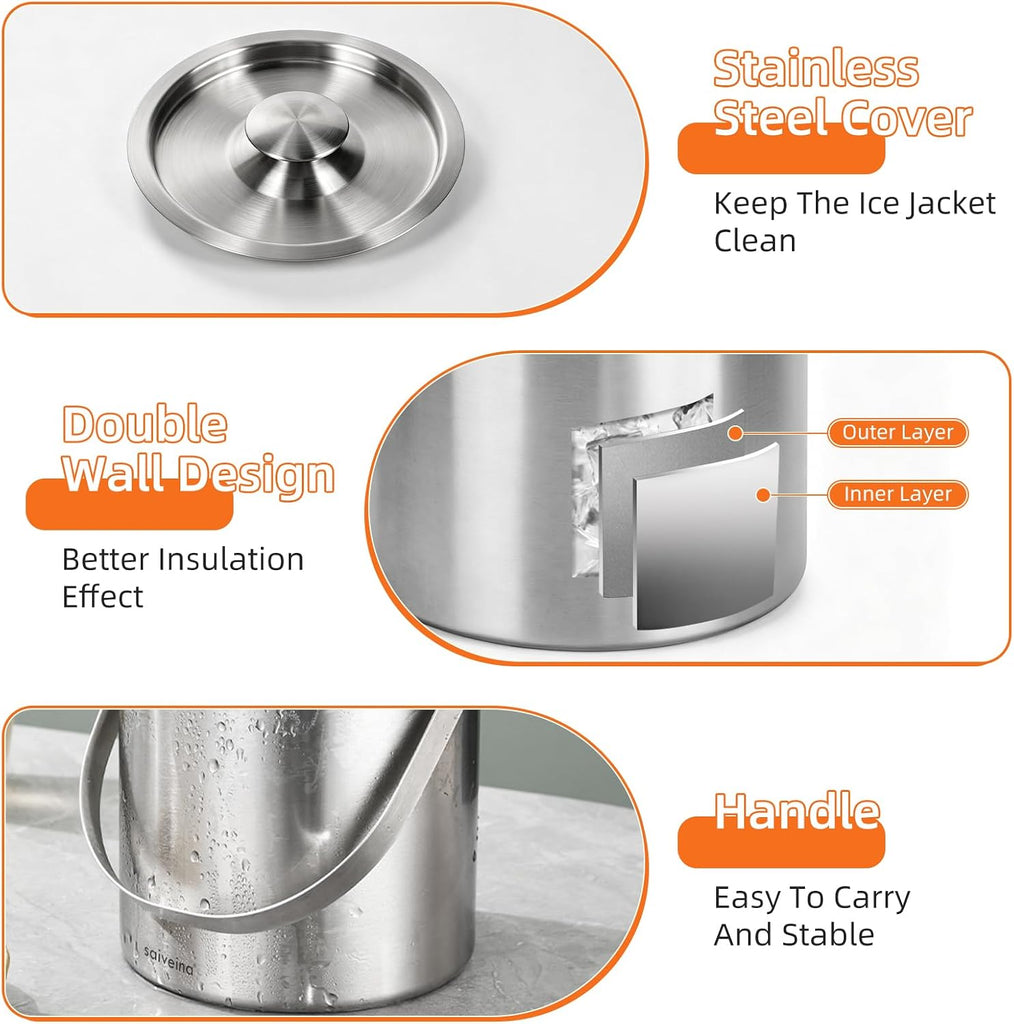 3L Double-Wall Stainless Steel Ice Bucket with Lid, Scoop, Tongs & Handle - Insulated Ice Container for Parties, Bar