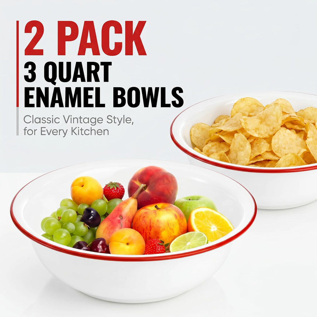 2 Pack 3 Quart Large Enamel Serving Bowl, 11" Unbreakable Vintage Metal Enamel Mixing Bowl, White and Red Kitchen