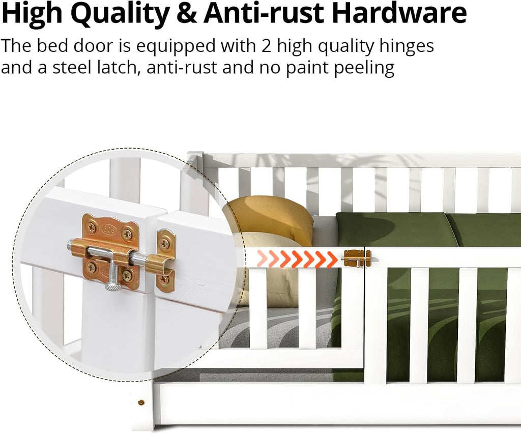 Twin Floor Bed, Durable Montessori Floor Bed with Wood Slats, Safety Fence & Small Door, Wood Floor Bed Frame for