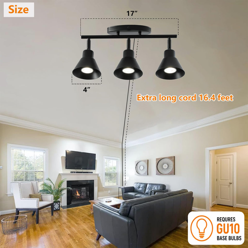 3 Light Plug in Track Lighting Kit,Modern Plug in Ceiling Light Fixture,16.4ft Cord,3 Way Ceiling Spot