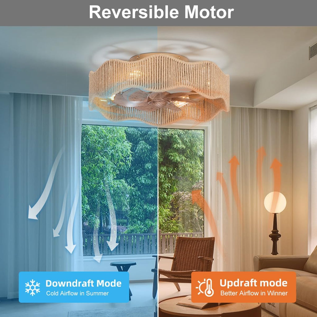 18" Boho Fandelier Ceiling Fan with Light Flush Mount, Caged Low Profile Ceiling Fan with Light, Small Rattan