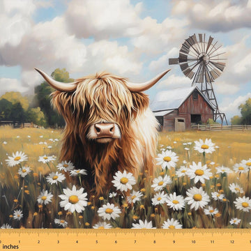 Retro Highland Cow Fabric By The Yard Soft Cute Cows