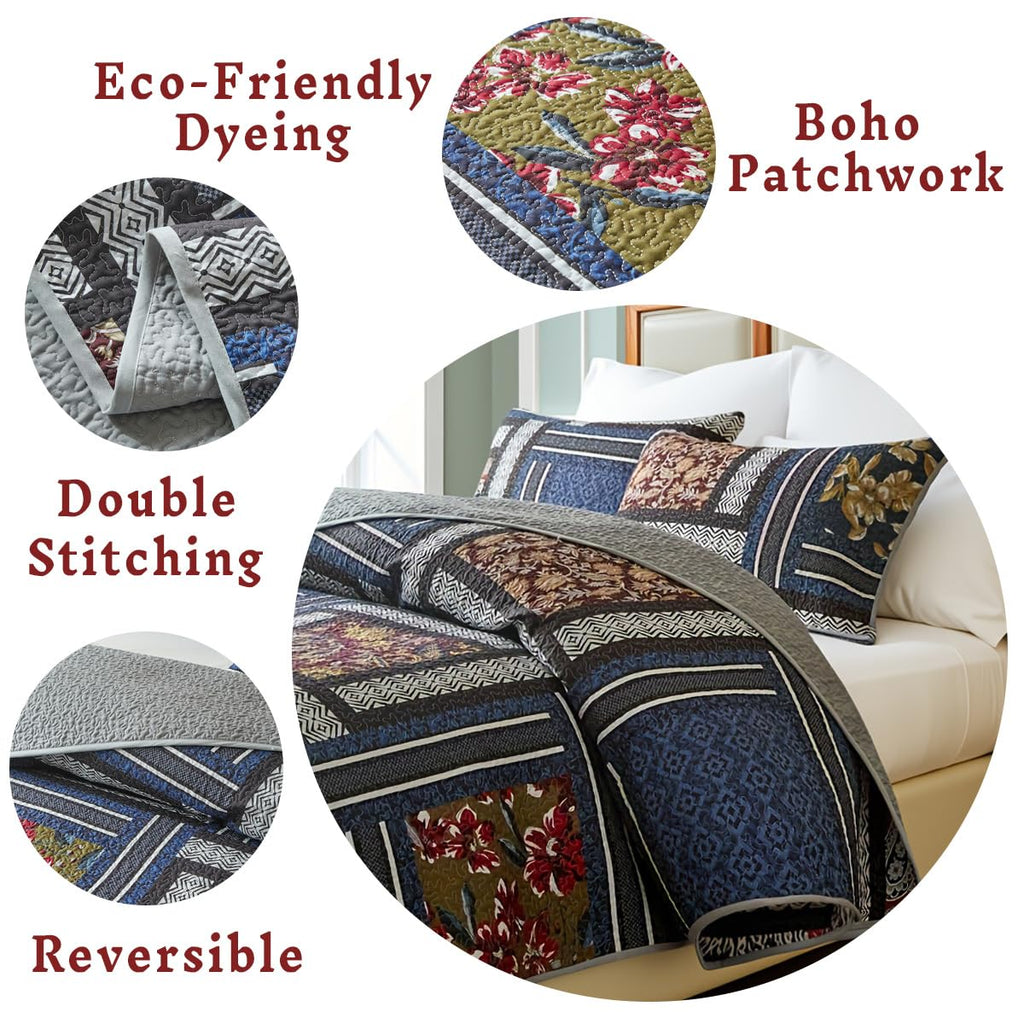 3-Piece Boho Floral Patchwork Quilt Set Geometric Stripes Navy Blue Bedspread with 2 Pillow Shams Soft