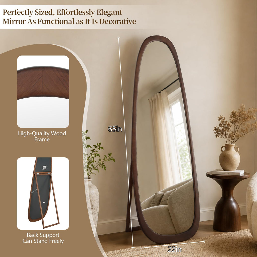 22x65 Inch Irregular Full Length Mirror with Stand, Floor Mirror with Wooden Frame,Full Body Mirror, Cloakroom, Dark