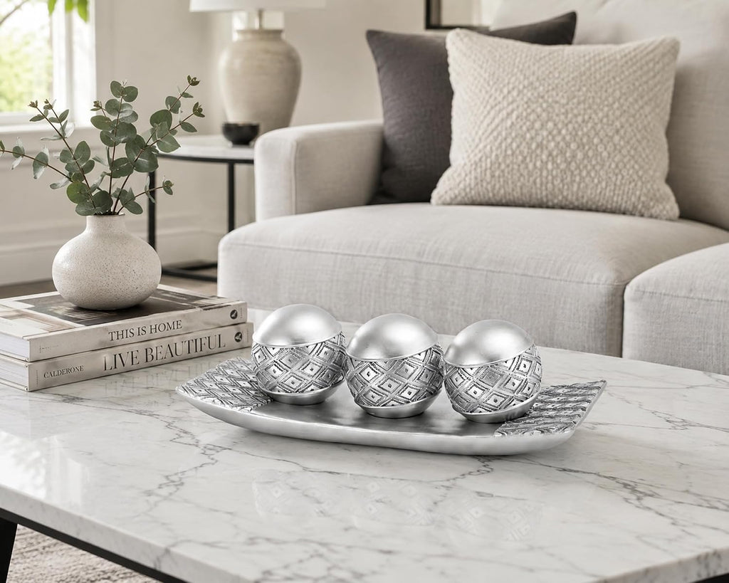 Silver Decorative Orbs with Tray Set, 3Pcs Resin Decorative Balls with Tray, Modern Accent Sphere for Coffee Table