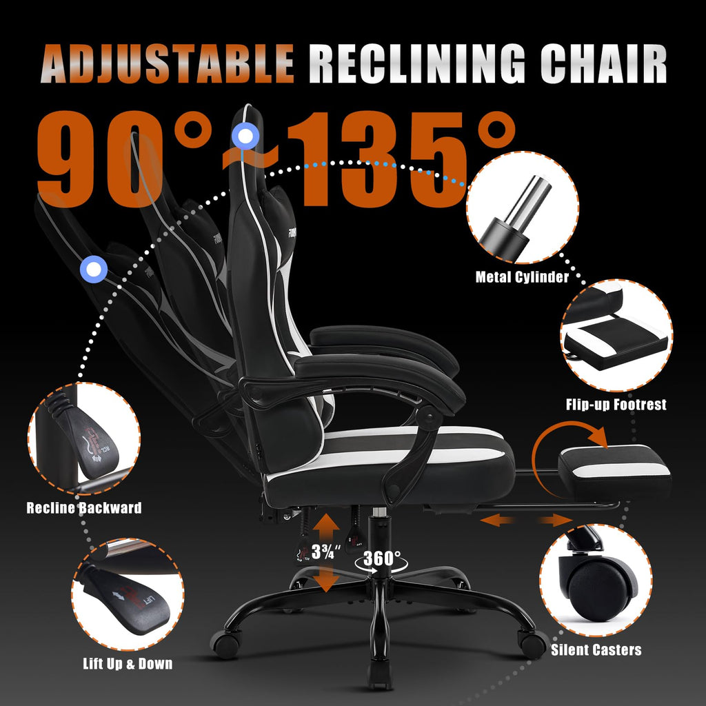 Gaming Chair with Footrest, Video Game Chairs for Adults, Black White
