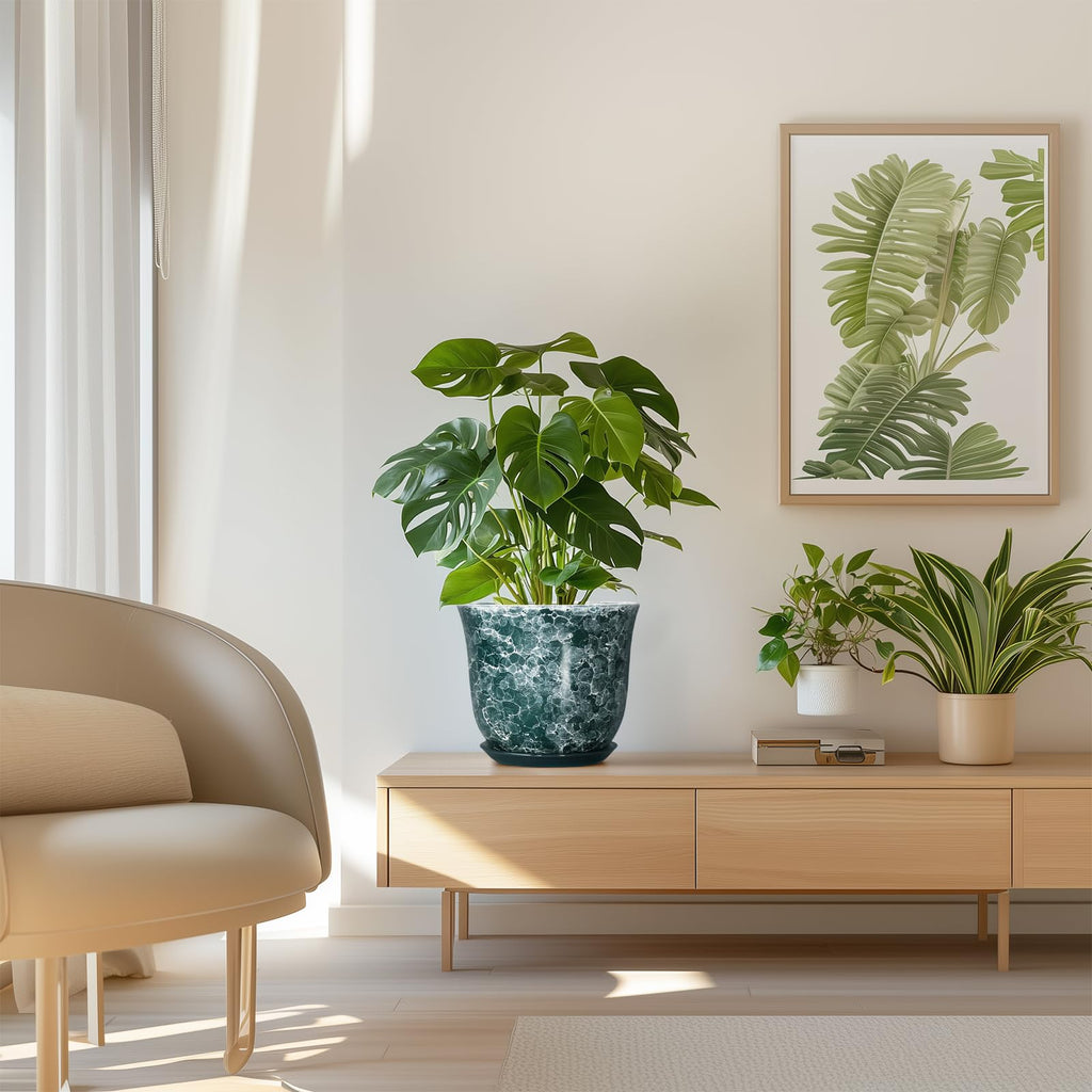 8 Inch Plant Pot - Ceramic Planter with Drainage Hole and Saucer, Round Planter for Indoor Outdoor, Modern Planters