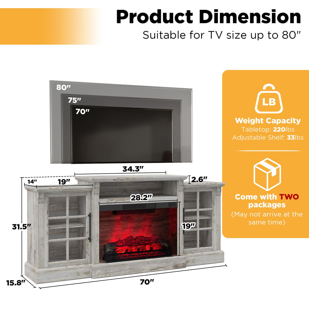 70" Farmhouse TV Stand with 28" Fireplace, Light Grey