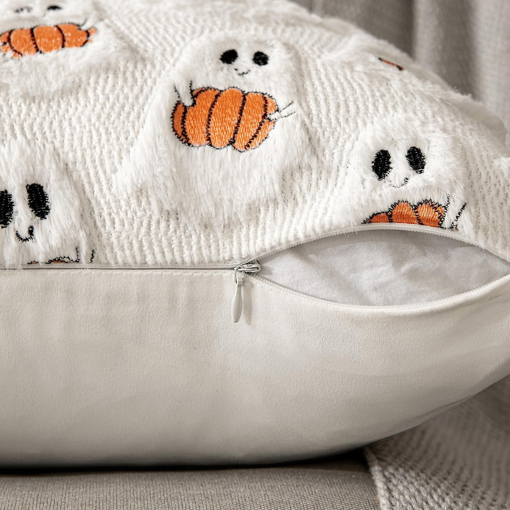 Halloween Pillow Covers Decorative Fall Cute Ghost Plush Faux Fur Pillows 18x18 Inch Soft Pumpkin Accents - Set of 2