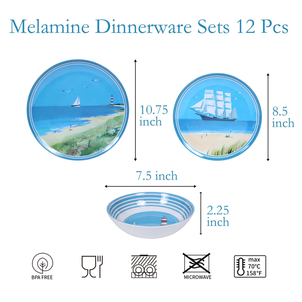 Outdoor Melamine Dinnerware Set for 4, 12-Piece Sailboat Plates and Bowls