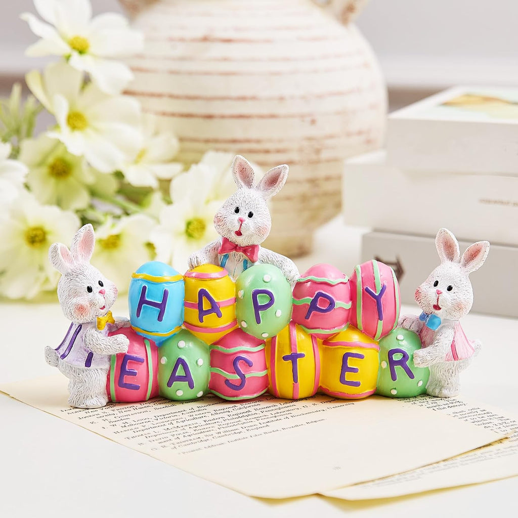 3 Bunny Holding Eggs and Happy Easter Decorations, Resin Easter Bunny Rabbits Figurine Tabletop Centerpiece