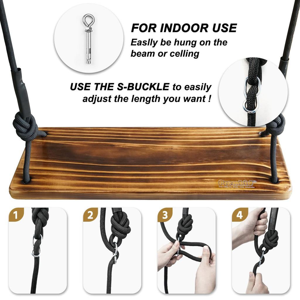 Carbonized Wooden Tree Swing with Adjustable Climbing Rope & Tree Straps
