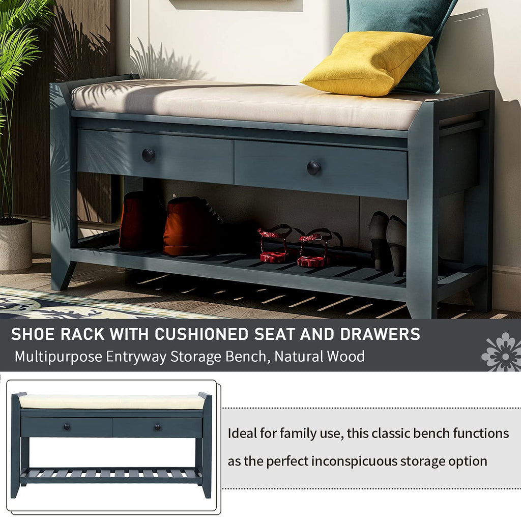 2 Tier Shoe Rack Bench with Cushion, Solid Wood Storage Bench with 2 Drawers, Antique Navy