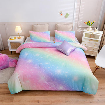 6Pcs Gradient Glitter Bedding Set for Girls Full, Colorful Rainbow Galaxy Comforter Set, Ultra Soft Bedding Sets, Pink