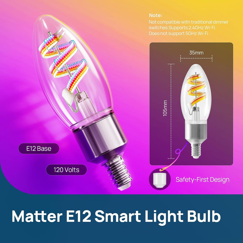 E12 Led Bulb, RGBTW Color Changing Matter Smart Light Bulbs,1 Pack