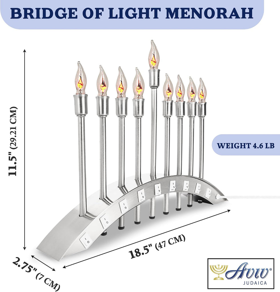Hanukkah Electric Brushed Stainless Steel with Flickering Flame Bulbs Candles 9 Branch Hanukkiah for Chuanukah