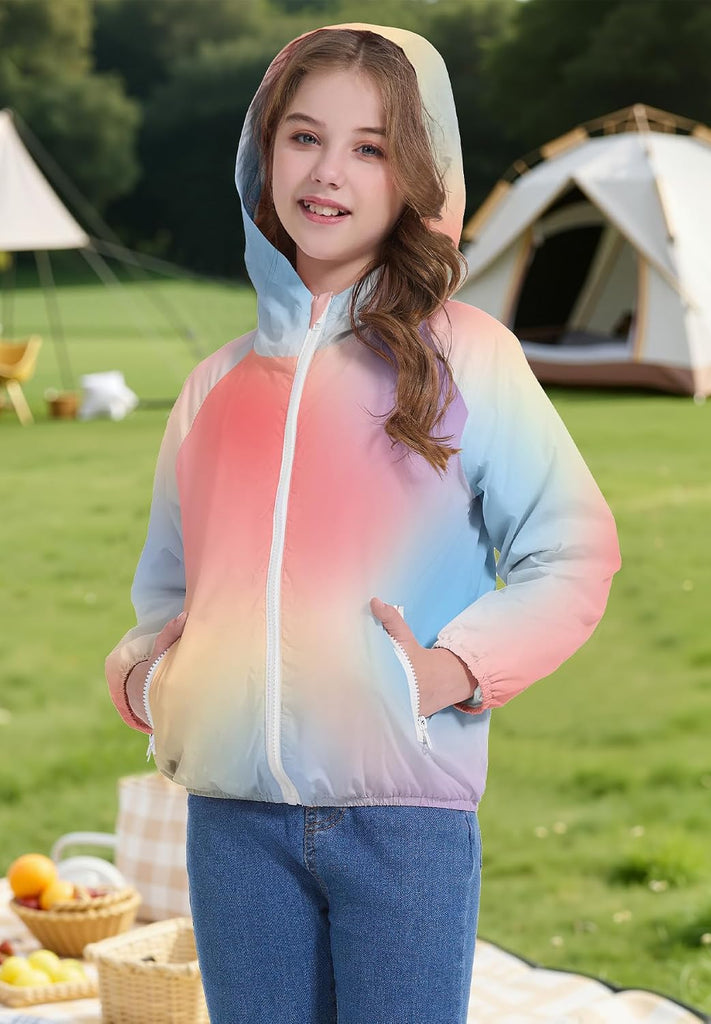 Girls Lightweight Rain Jacket Hooded Water-Resistant Windbreaker