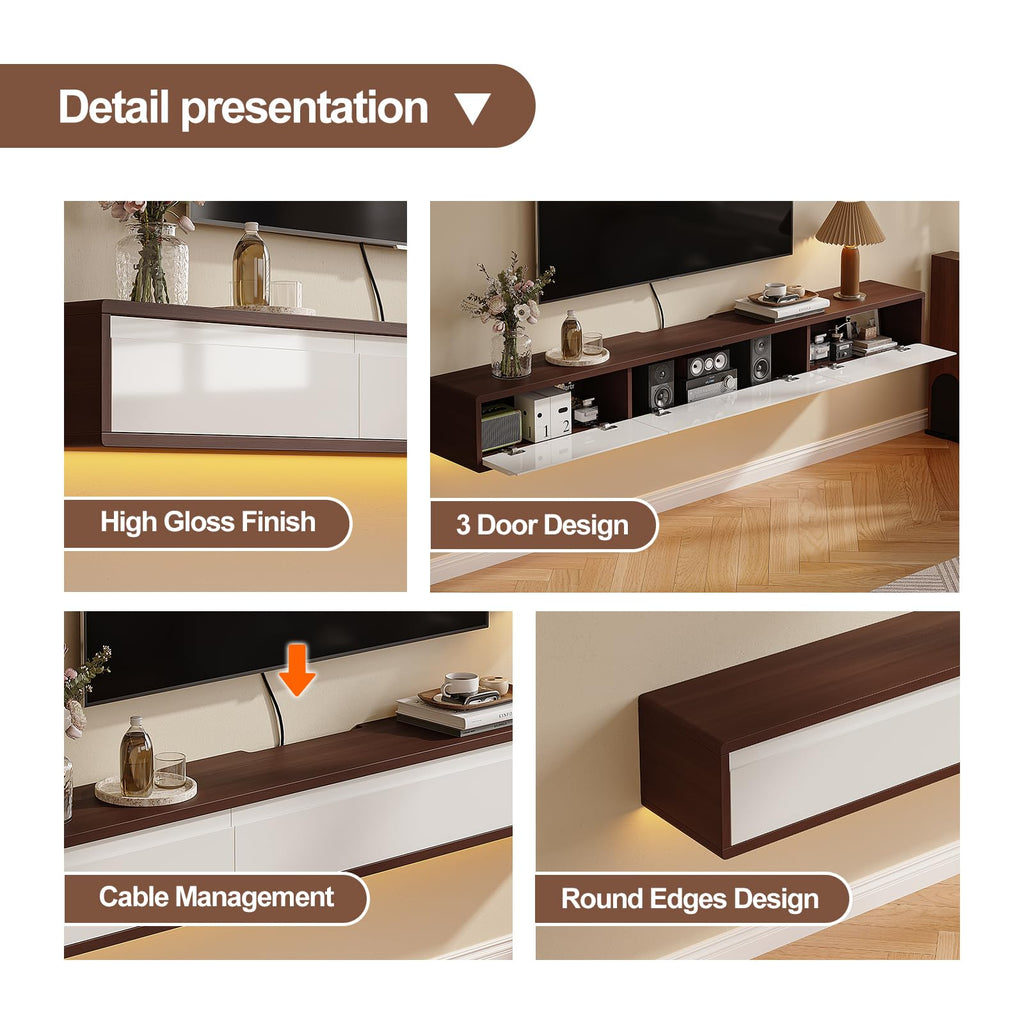 Floating High Gloss, 55'' Wall-Mounted TV Cabinet, Floating TV Console, Under TV Shelf with 3 Doors (Walnut+White)
