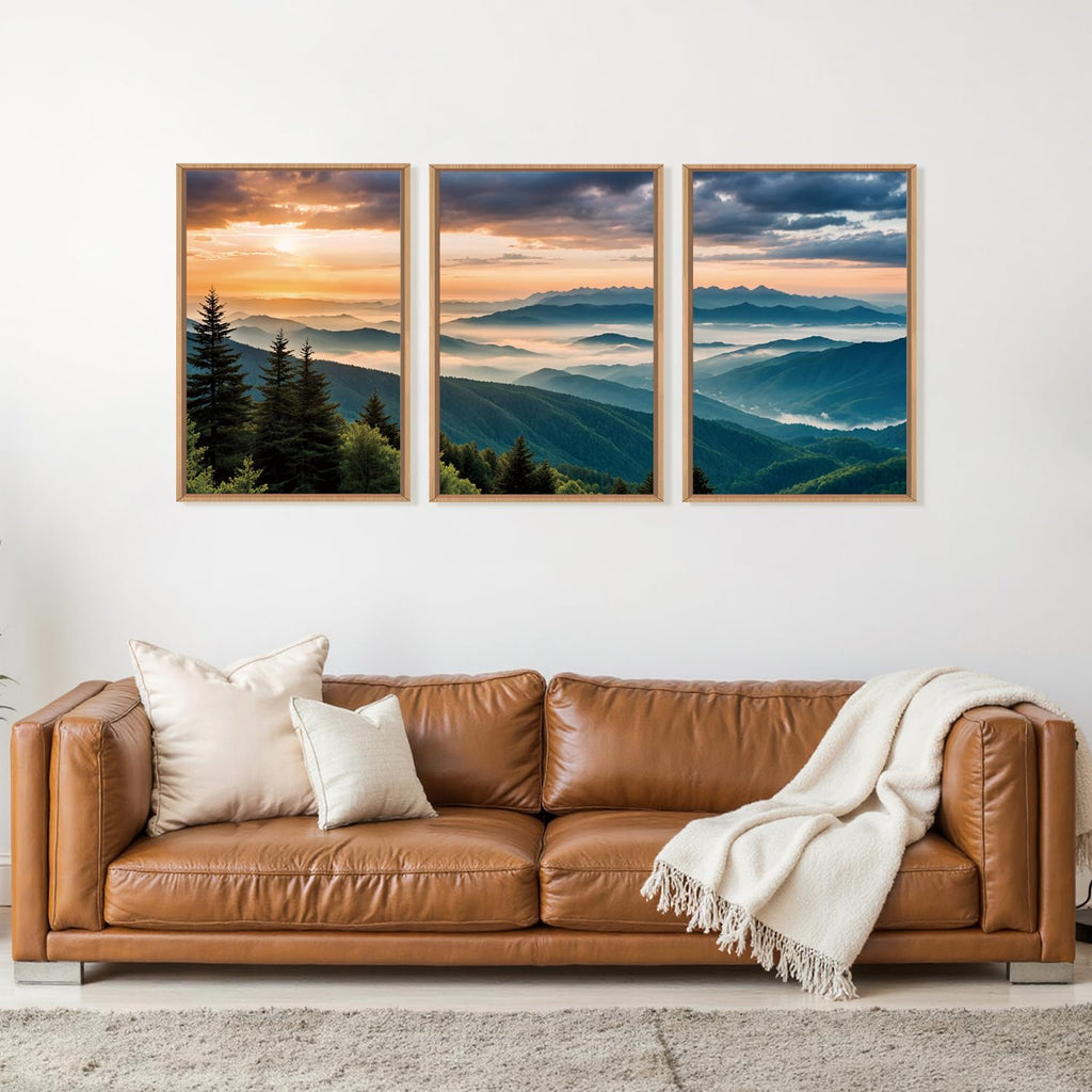 Large Nature Mountain Sunrise Framed Canvas Wall Art, Abstract Landscape Art Print - 16"x24"x3