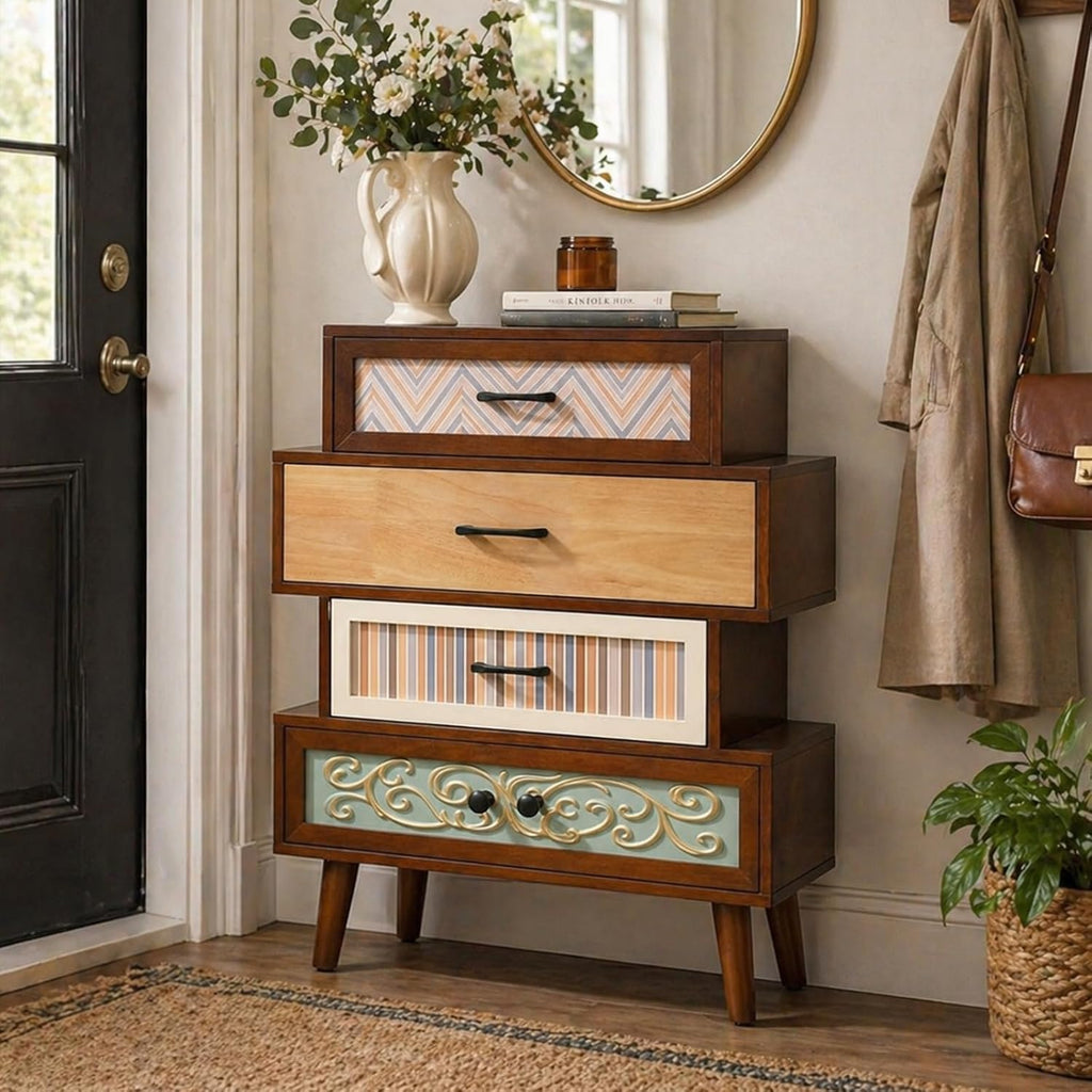 Boho Accent Cabinet with Drawers, Narrow Storage Cabinet for Small Spaces, Multi-Drawer Chest , 26"