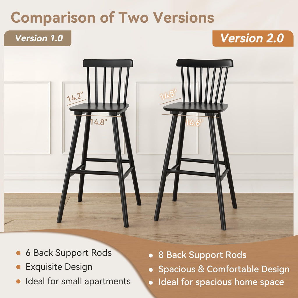 Upgraded Windsor Wooden Black Bar Stools Set of 4, 30 Inch Bar Height Barstools with Spindle Back/Bigger Seat Island