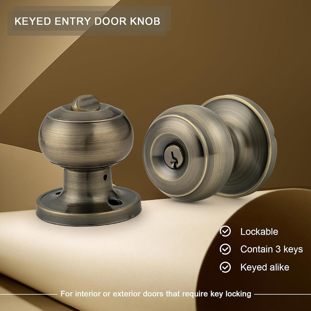 Entrance Door Knobs Door Lock Keyed Alike Lockset Antique Brass Same Key Round Ball Entry Door Knobs Pack of 2