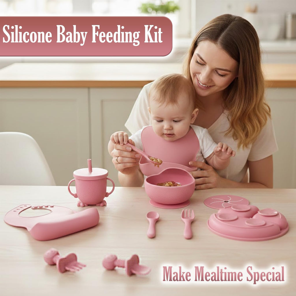 Feeding Set, Silicone Baby Feeding Set with Suction Bowls, Divided Plates, Adjustable Bib, Baby Utensils Spoons
