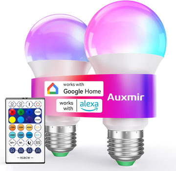 A19 Smart Light Bulbs with Remote, RGB+CCT Color LED Bulbs, 2-Pack