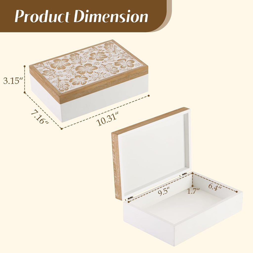 Wooden Keepsake Box - Decorative Floral Wood Boxes with Hinged Lid, Flower Engraved Design, 10.24" W