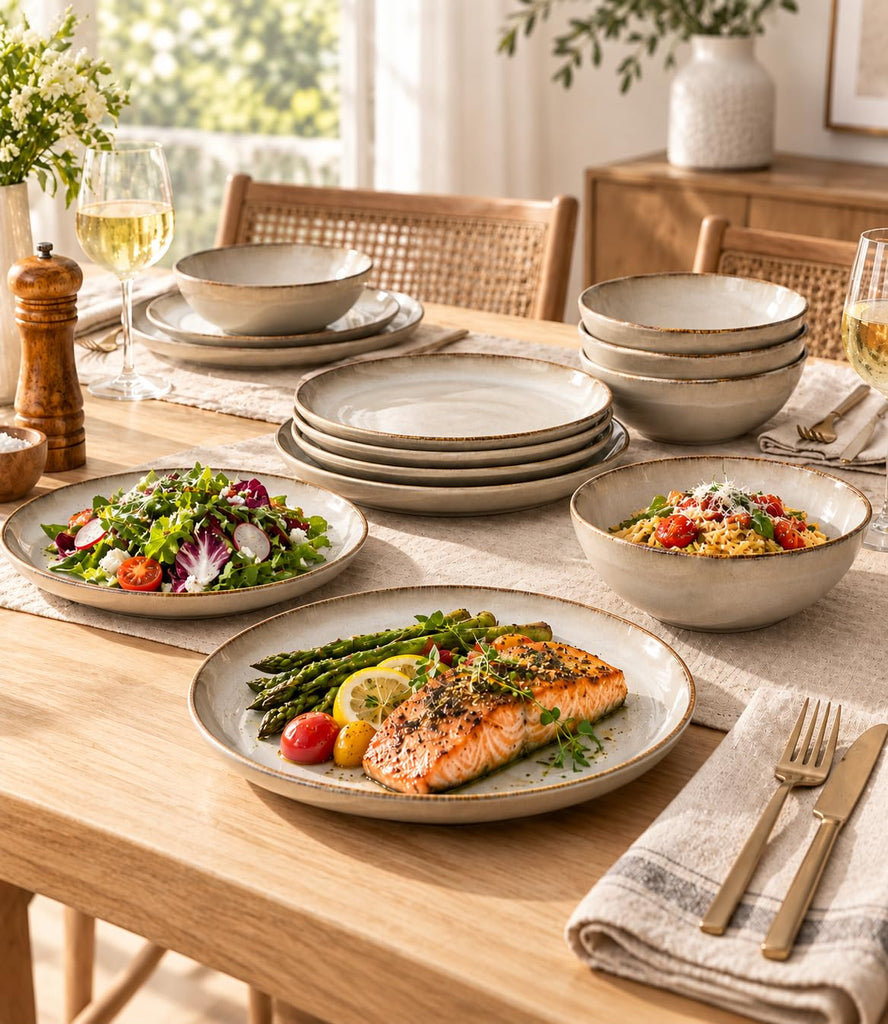 Stoneware Dinnerware Sets for 6,18 Piece Rustic Plates and Bowls Set