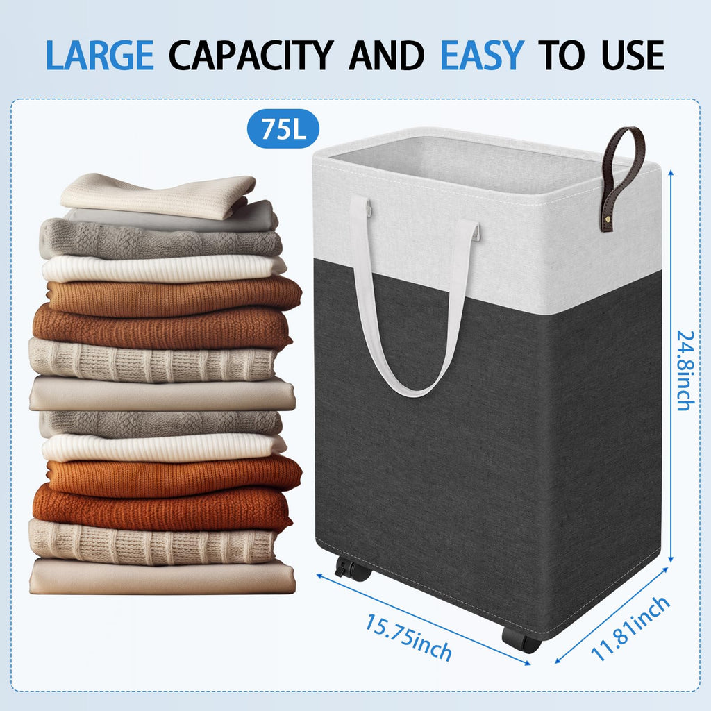 75L Rolling Laundry Basket with 4 Wheels Collapsible Gray
