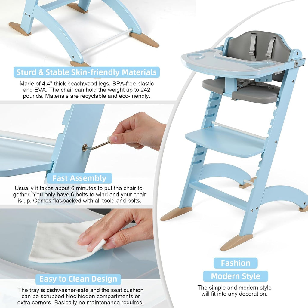 New Upgrade 3-in-1 Convertible Wooden High Chair for Babies & Toddlers 10 Levels Adjustable 3-Tier Remove 2