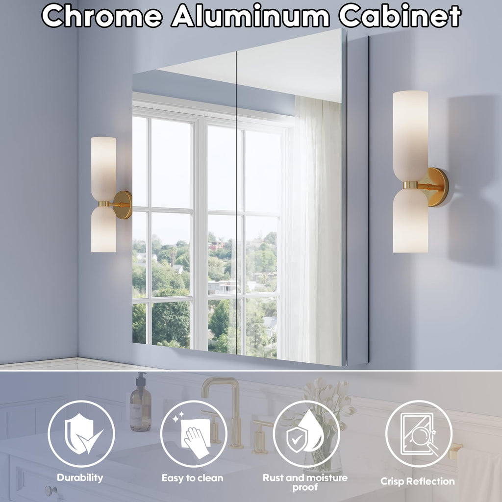 36" x 36" Bathroom Medicine Cabinet with Mirror, Anodized Chrome Aluminum Frame, Surface Mount or Recessed Medicine